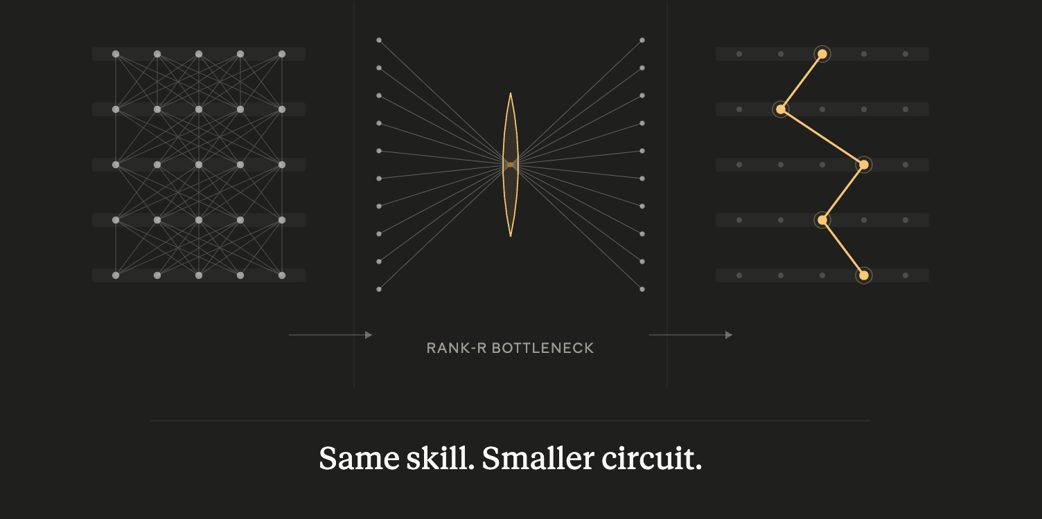 Diffuse capability compressed through a low-rank bottleneck into a smaller localized circuit.
